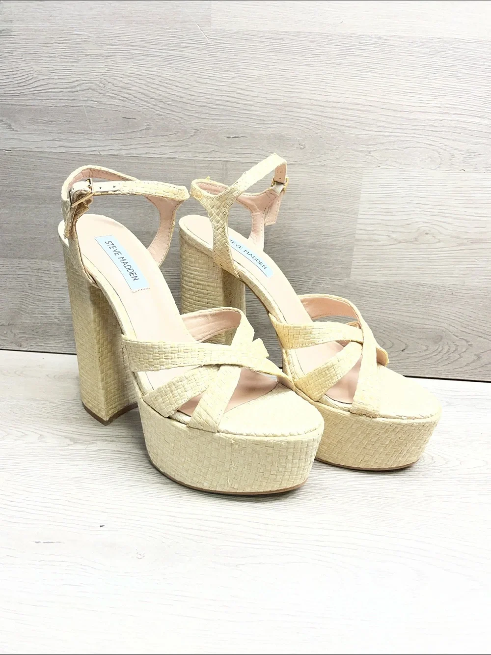 Steve Madden Beige Woven Platform Block Heel Sandals #1559